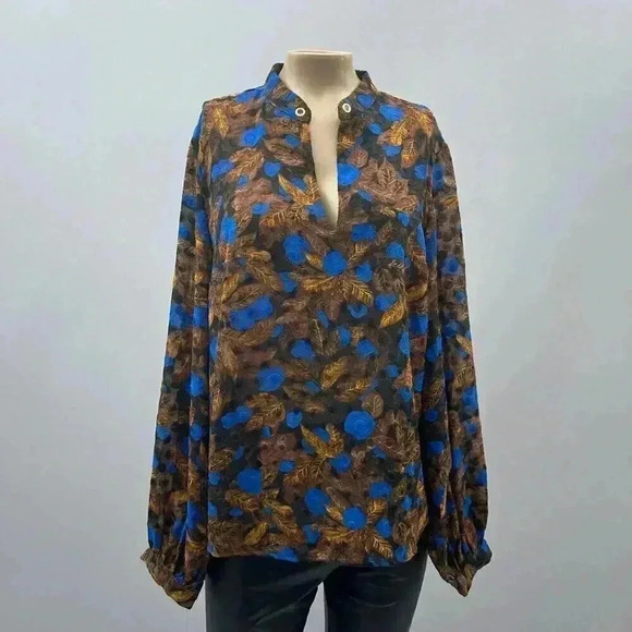 Vintage Sheer Blouse Size S Tunic Brown Blue Embroidered Bishop Sleeve Whimsy - Picture 1 of 10